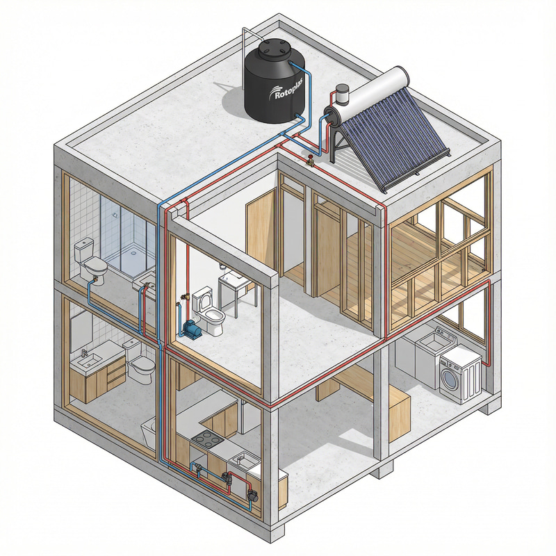 Isometric Plan of a Two-Story House with Plumbing Lines Isometric Plan of a Two-Story House with Plumbing Lines