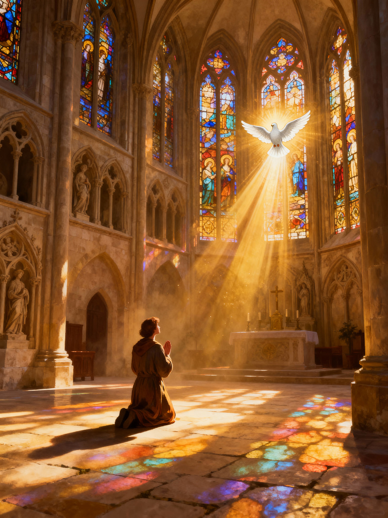 Kneeling in Prayer: Illuminated Cathedral Beauty Kneeling in Prayer: Illuminated Cathedral Beauty