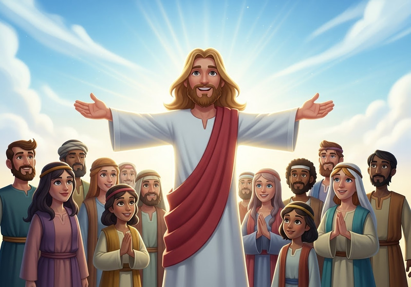 Cartoon Jesus Surrounded by Disciples in Peaceful Light Cartoon Jesus Surrounded by Disciples in Peaceful Light