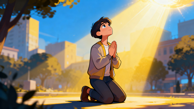 Divine Connection: Modern Cartoon Prayer Scene Divine Connection: Modern Cartoon Prayer Scene