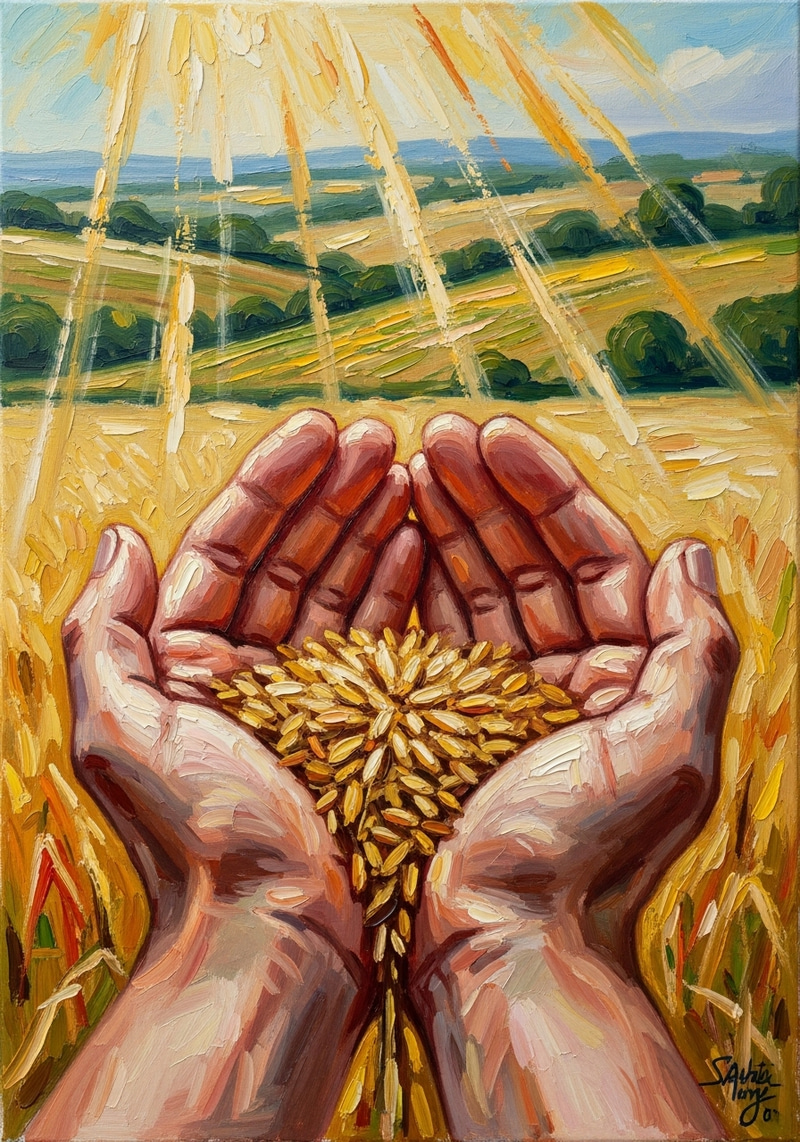 Impressionist Art of Hands Holding Wheat Grains Impressionist Art of Hands Holding Wheat Grains