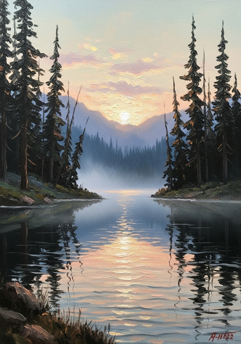 Serene Oil Painting of Mountain Lake at Dawn Serene Oil Painting of Mountain Lake at Dawn