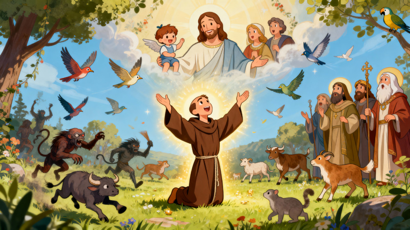 Saint Francis: Joyful Cartoon Prayer Scene Saint Francis: Joyful Cartoon Prayer Scene