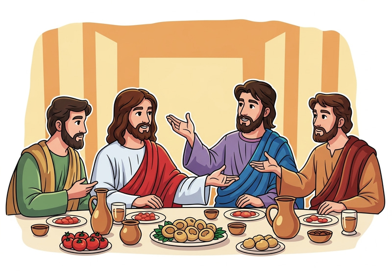 Vibrant Last Supper: Jesus, Peter, and John Cartoon