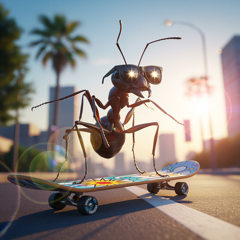 Anime Ant on Skateboard with Sunglasses - Big Image Anime Ant on Skateboard with Sunglasses - Big Image