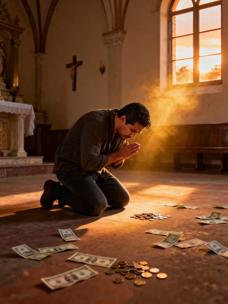 Latino Man in Prayer at Spiritual Space