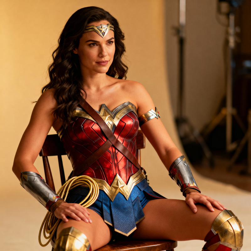 Gal Gadot as Wonder Woman Sitting Elegantly