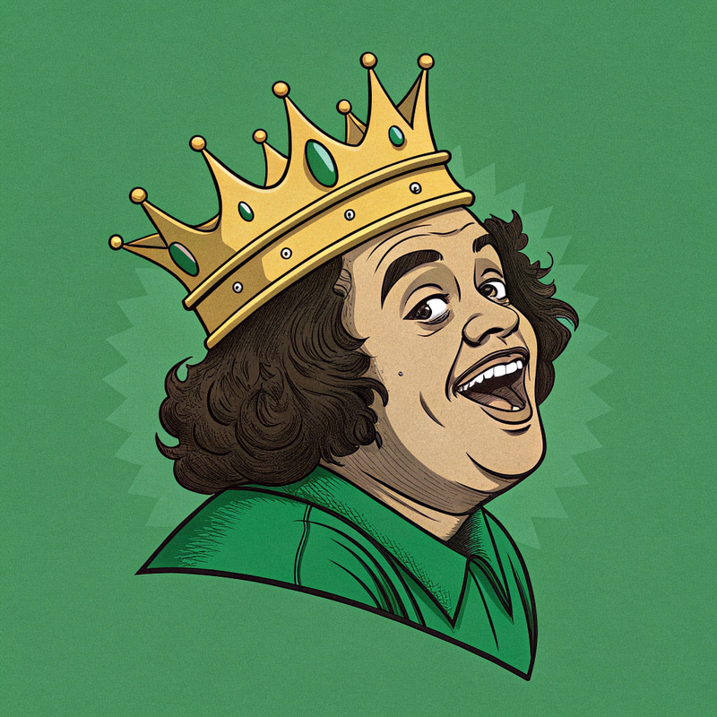 Caricature with Gold Crown on Emerald Background Caricature with Gold Crown on Emerald Background