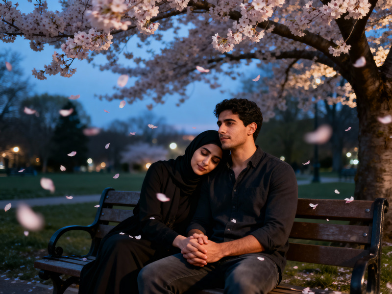 Romantic Cherry Blossom Moment on a Park Bench Romantic Cherry Blossom Moment on a Park Bench