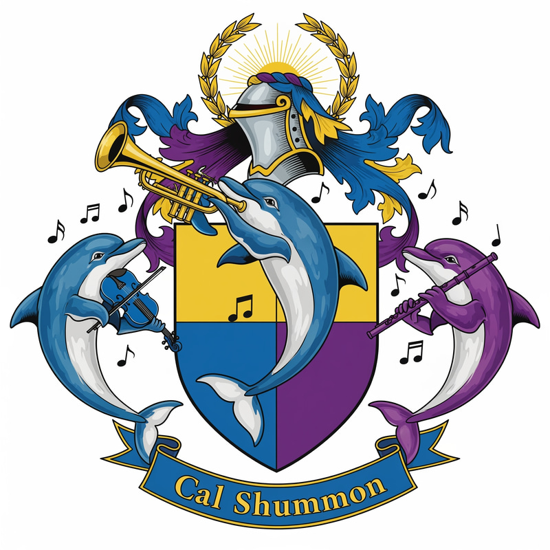 Cal Shummon Coat of Arms with Musical Dolphins Cal Shummon Coat of Arms with Musical Dolphins