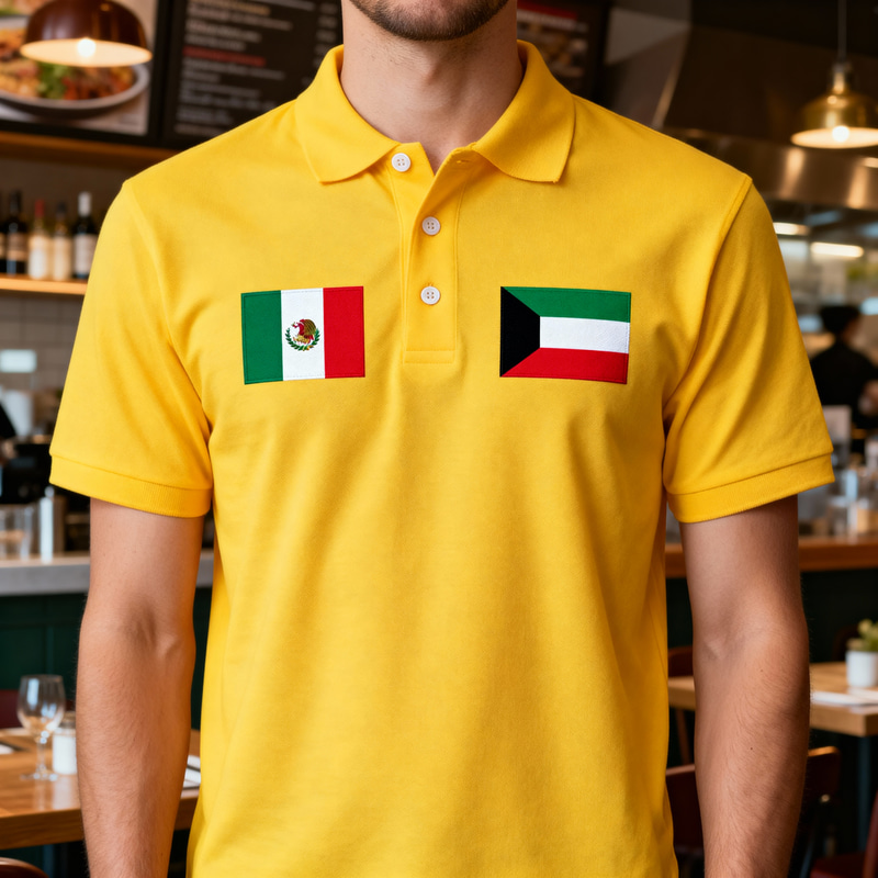 Yellow Polo T-Shirt with Mexican & Kuwait Flag Stripes