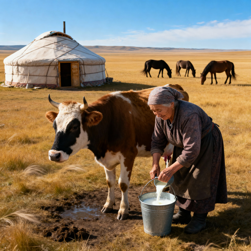 Serene Kazakh Steppe with Yurt and Grazing Horses