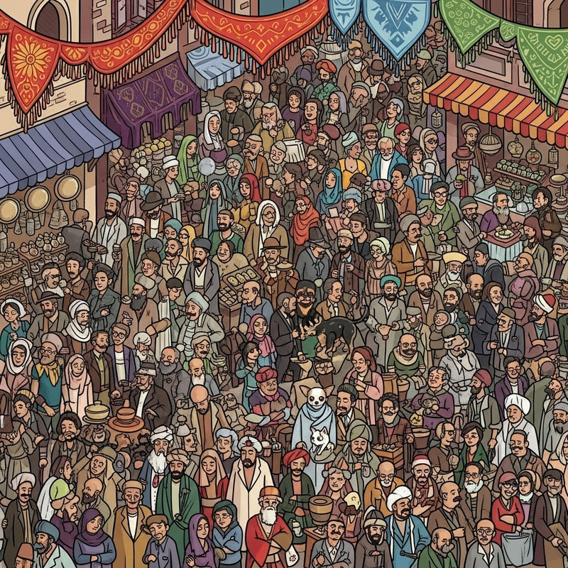Colorful Cartoon Crowd Scene in Turkish Grand Bazaar Colorful Cartoon Crowd Scene in Turkish Grand Bazaar