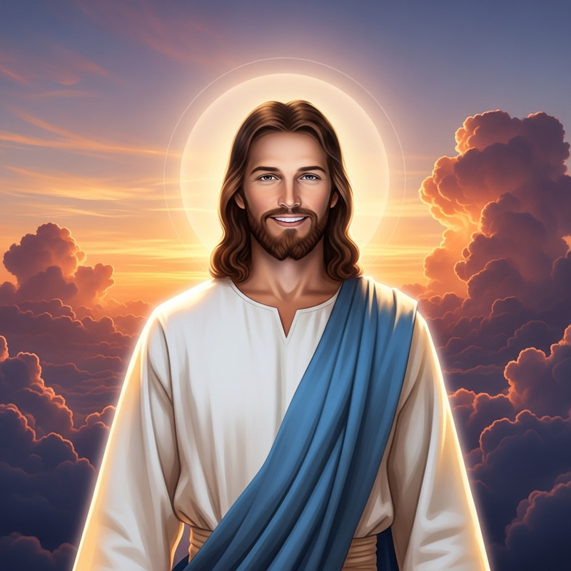 Serene Jesus Christ Portrait with Majestic Sunset Serene Jesus Christ Portrait with Majestic Sunset