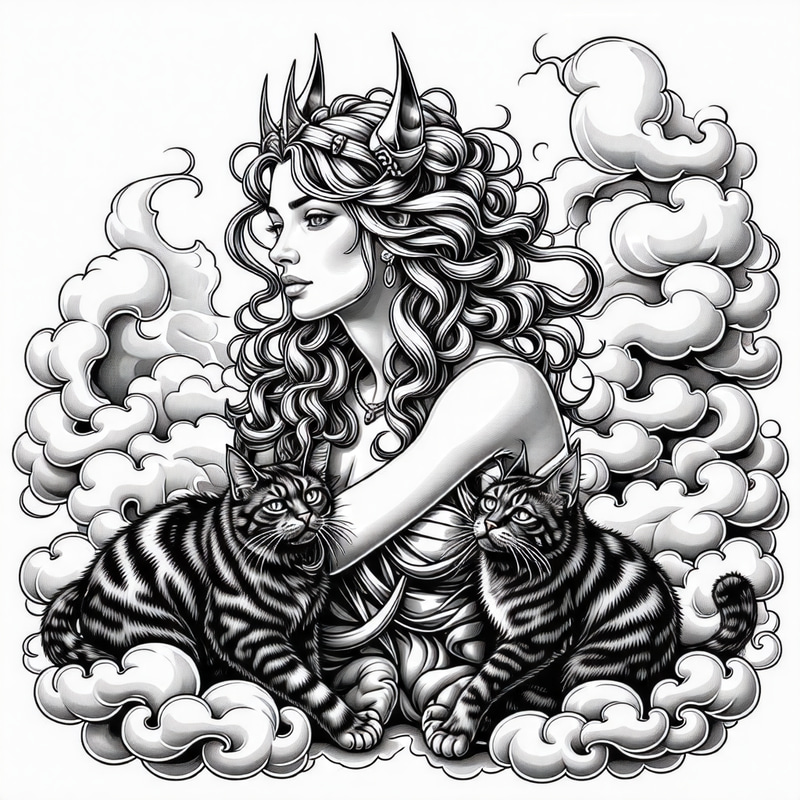 Freyja Norse Goddess Tattoo Design with Maine-Coon Cats Freyja Norse Goddess Tattoo Design with Maine-Coon Cats