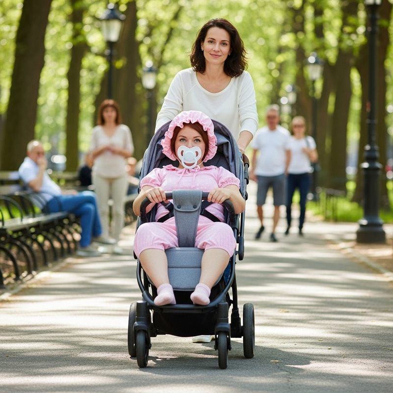 Adult Woman Dressed as Baby in Stroller Adult Woman Dressed as Baby in Stroller