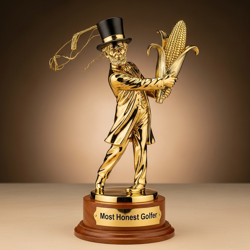 Golfer Trophy with Lincoln Hat & Corn Cob Golfer Trophy with Lincoln Hat & Corn Cob