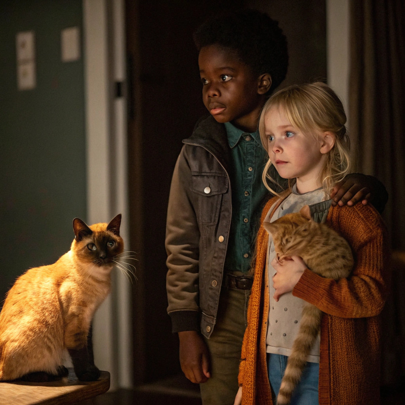 Brown Boy and Dark Blonde Girl with Cats Brown Boy and Dark Blonde Girl with Cats