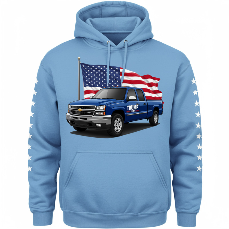Patriotic Trump 2024 Hoodie with Chevy Truck Design Patriotic Trump 2024 Hoodie with Chevy Truck Design