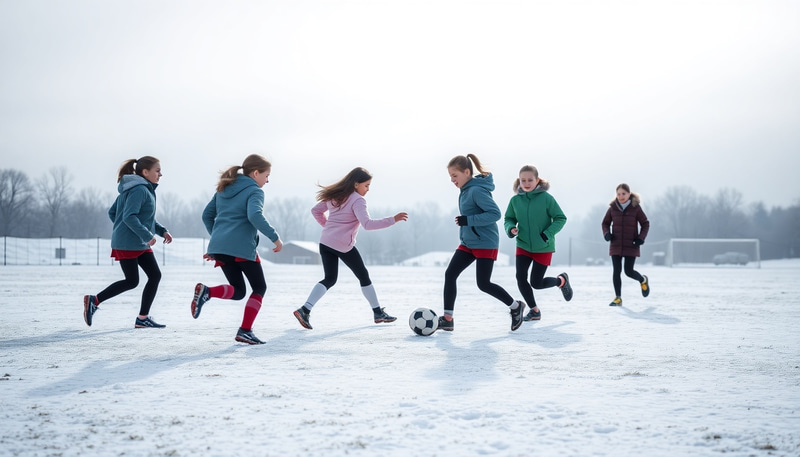 Girls Soccer Team Playing on Snowy Field Girls Soccer Team Playing on Snowy Field