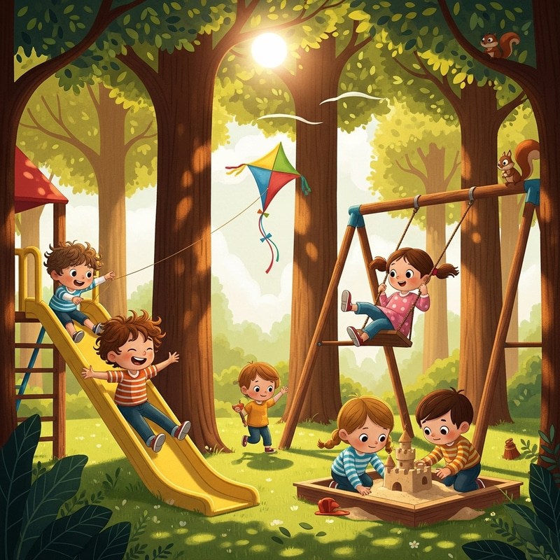 Kids Playing in a Park - Illustrated Story Scene Kids Playing in a Park - Illustrated Story Scene