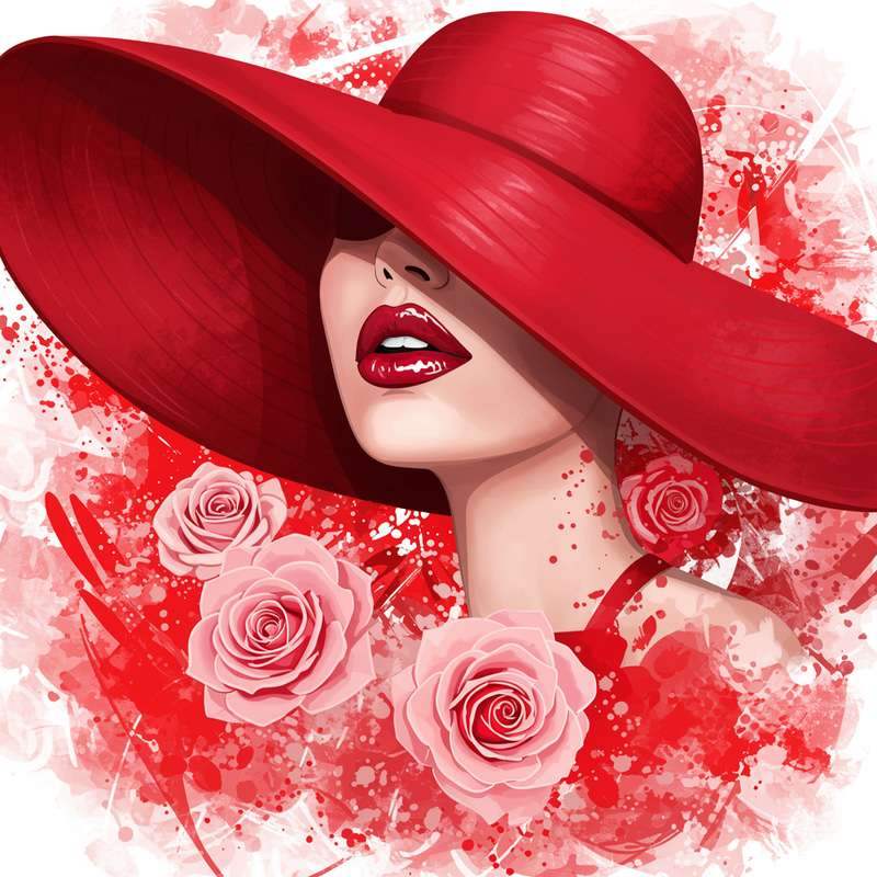 Abstract Art: Red Lips, Rose & Woman in Red Hat Abstract Art: Red Lips, Rose & Woman in Red Hat
