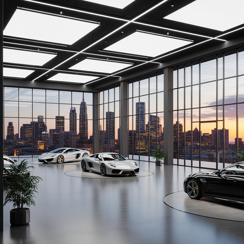 Ultra-Modern Car Showroom with Stunning Skyline Ultra-Modern Car Showroom with Stunning Skyline