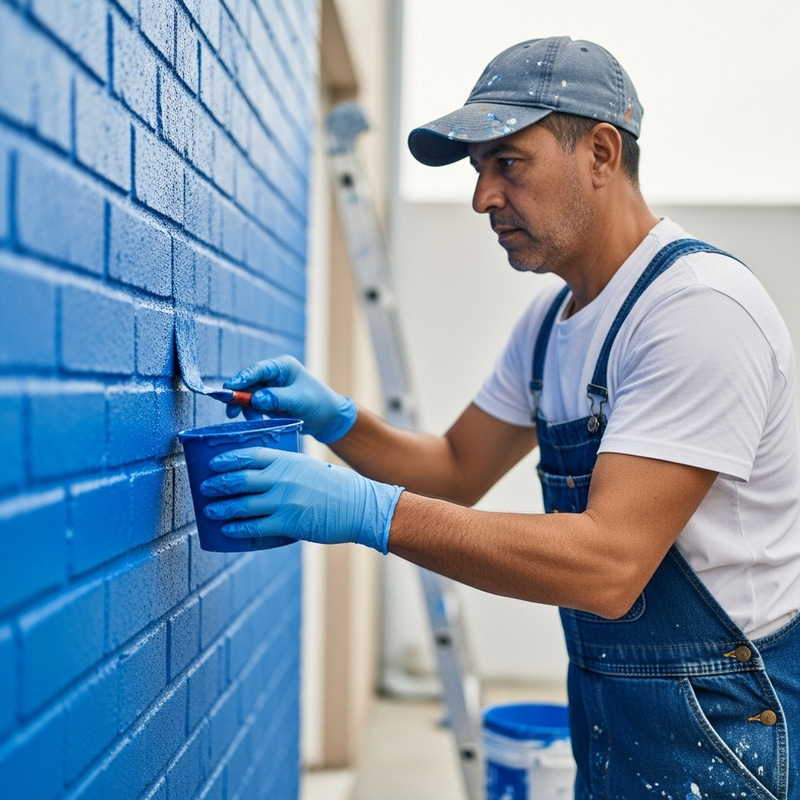 Professional House Painter with Blue Latex Gloves Professional House Painter with Blue Latex Gloves