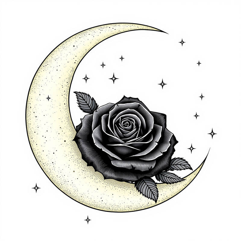 Black and Grey Rose on Crescent Moon Art Black and Grey Rose on Crescent Moon Art