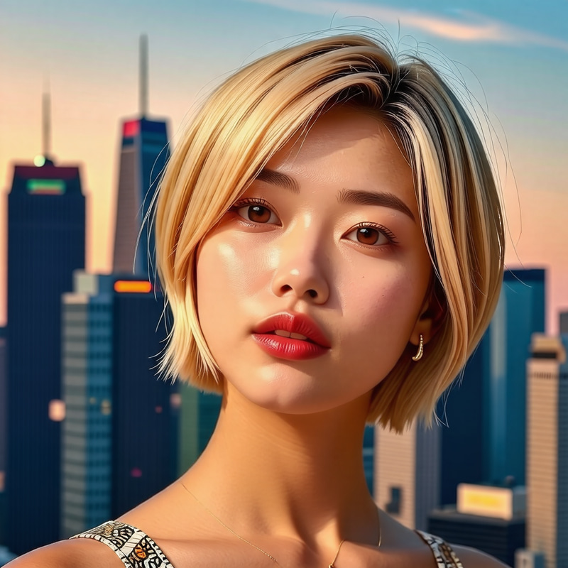 Korean-Inspired Woman with Blonde Streaks | City Skyscrapers Backdrop Korean-Inspired Woman with Blonde Streaks | City Skyscrapers Backdrop