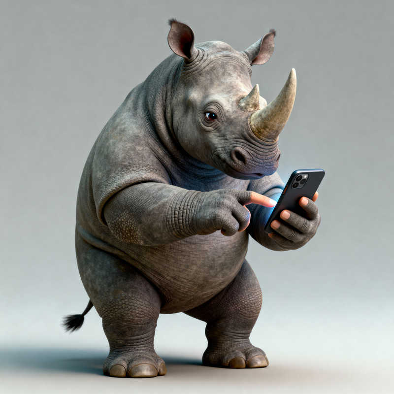 3D Rhinoceros Character Browsing Smartphone 3D Rhinoceros Character Browsing Smartphone