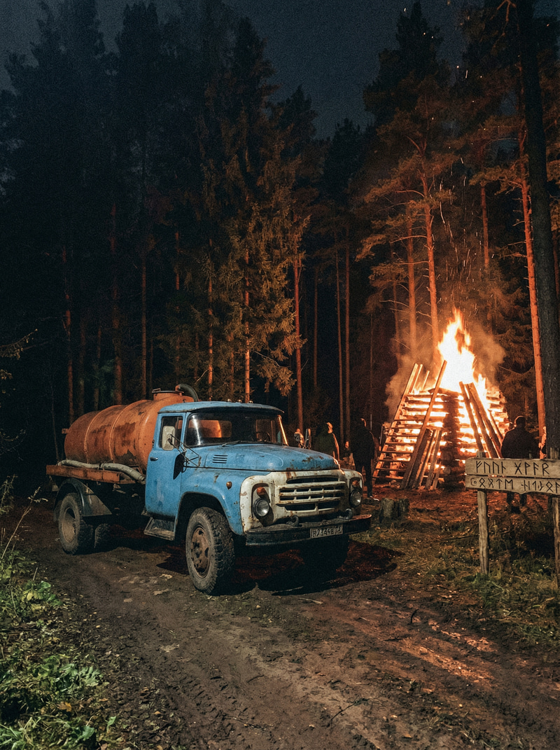 Soviet Sewage Truck by Viking Fire in Night Forest Soviet Sewage Truck by Viking Fire in Night Forest