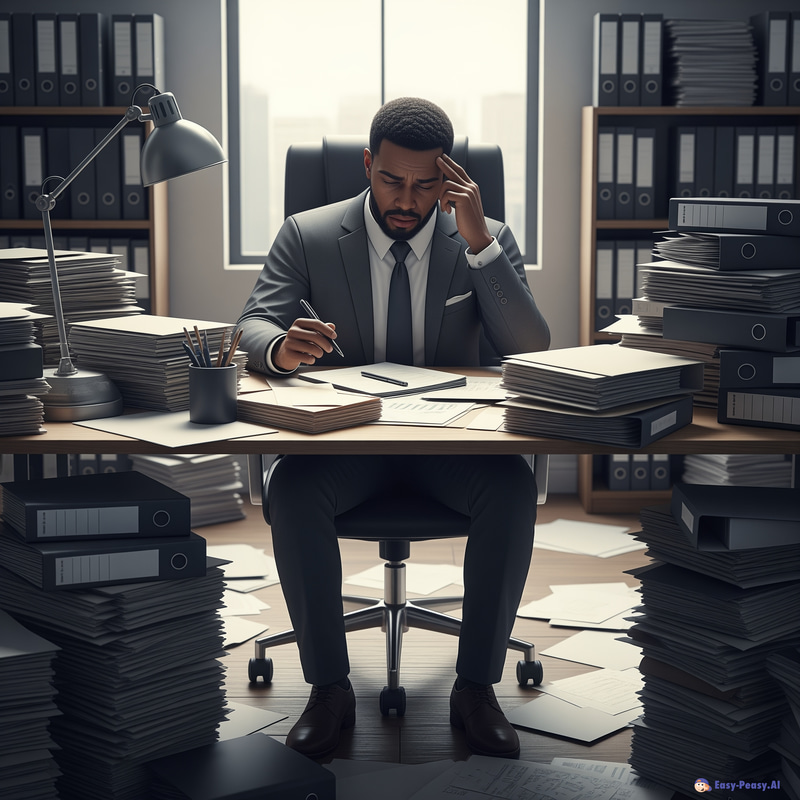 Stressed Businessman at a Cluttered Office Desk