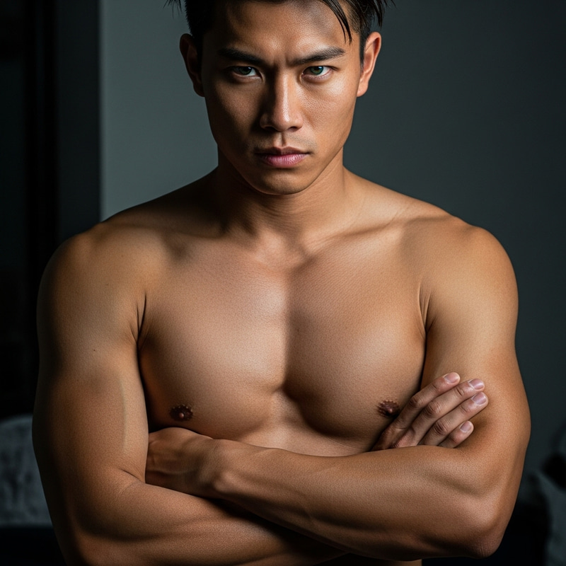 Intense Gaze: Lean Asian Man Portrait