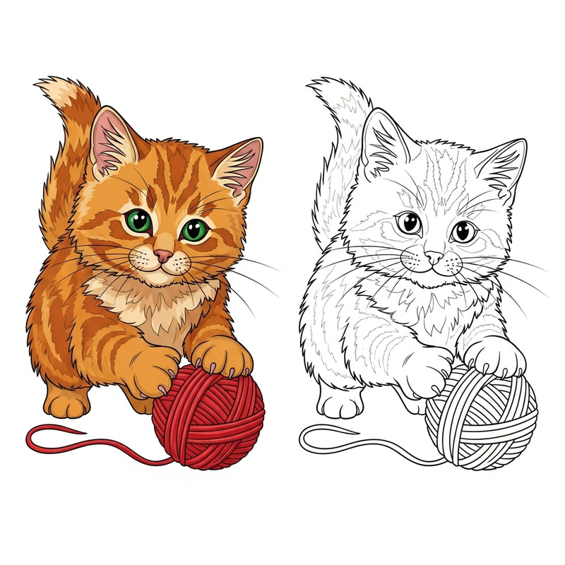 Curious Kitten Illustration: Color & Outline Curious Kitten Illustration: Color & Outline