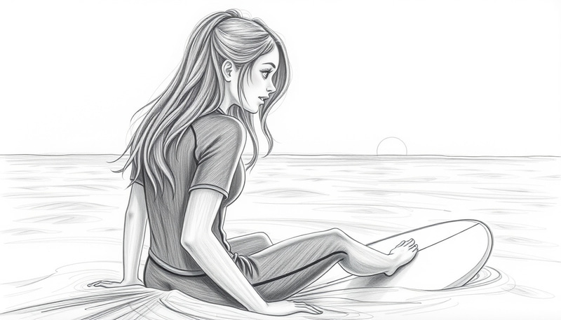 Pencil Drawing of a Surfing Girl at Sunset Pencil Drawing of a Surfing Girl at Sunset