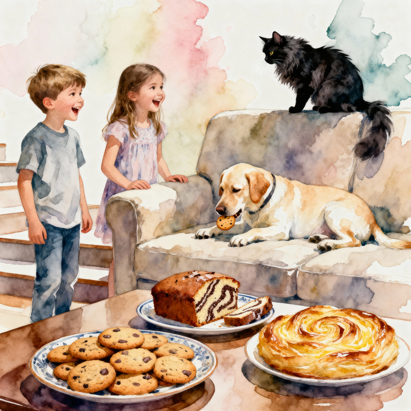 Joyful Living Room Scene with Kids and Pets Joyful Living Room Scene with Kids and Pets