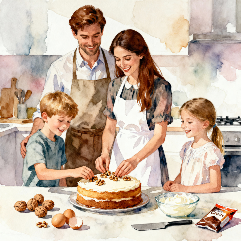Cozy Family Kitchen Scene in Watercolor