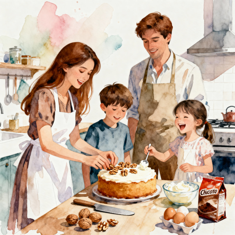 Joyful Family Kitchen Scene in Watercolor Art