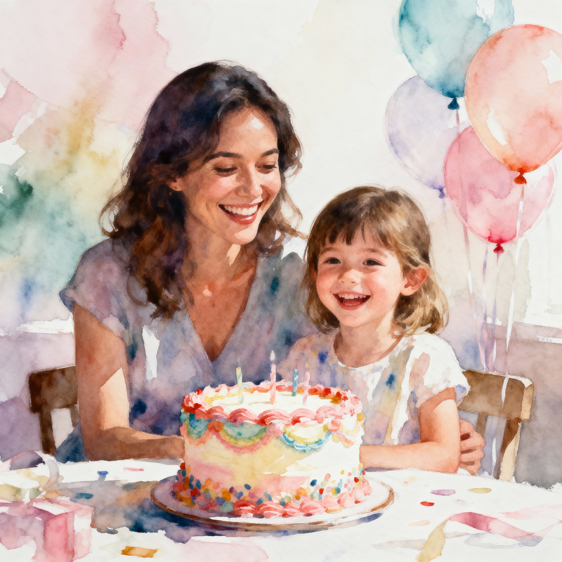 Mother and Child Birthday Celebration in Watercolor Mother and Child Birthday Celebration in Watercolor