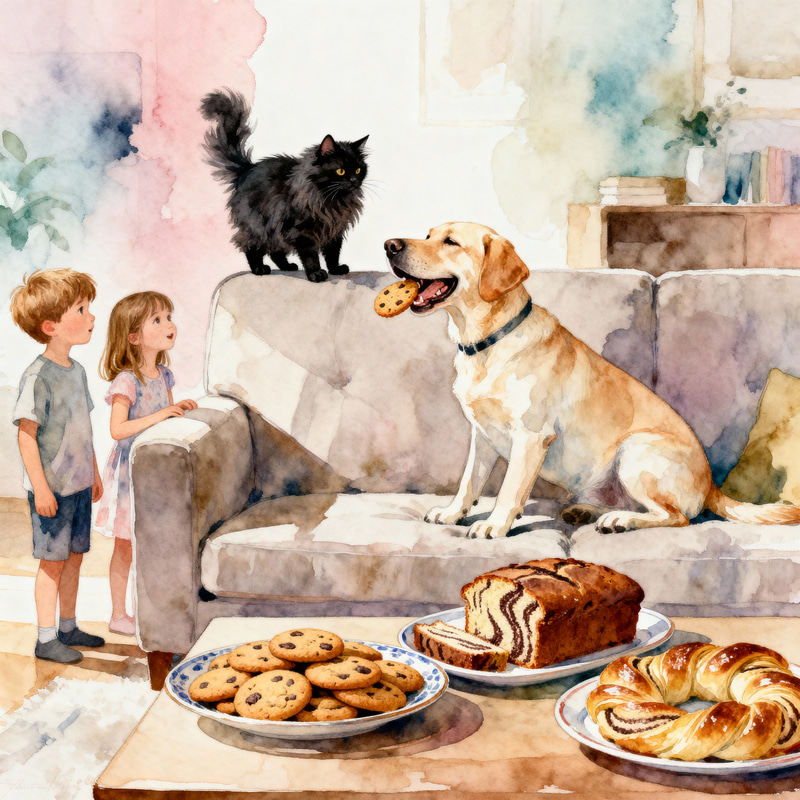 Joyful Living Room Scene with Children and Pets Joyful Living Room Scene with Children and Pets