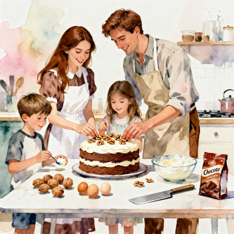 Cozy Family Kitchen Scene in Watercolor