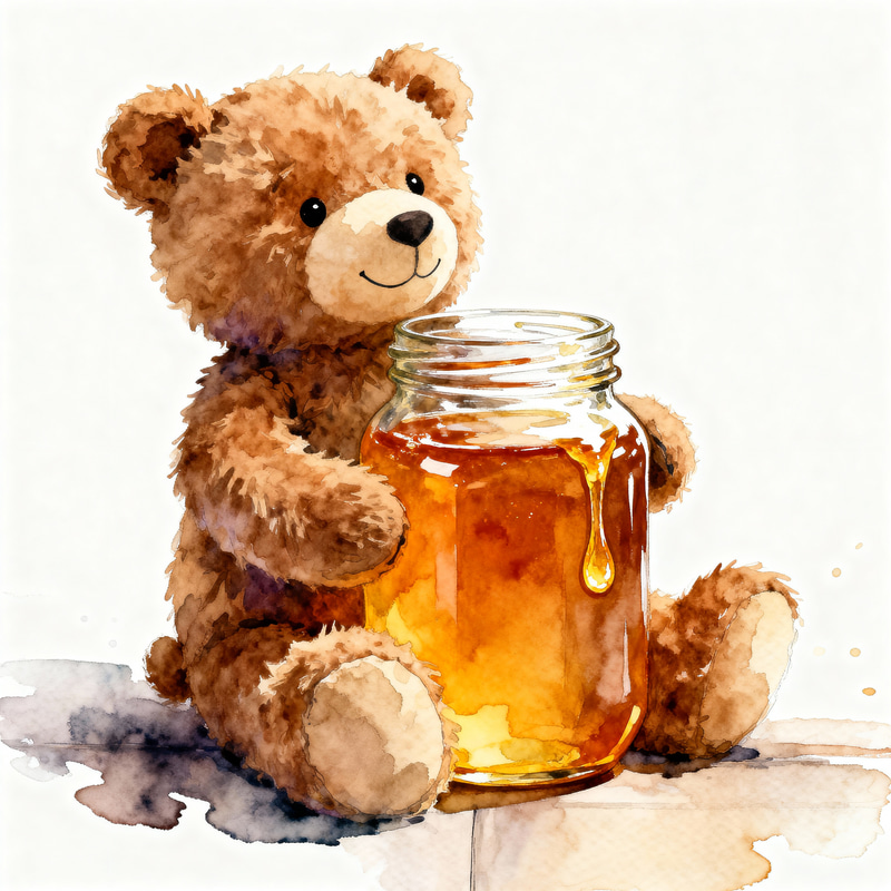 Fluffy Stuffed Bear with Honey Jar - Watercolor Art Fluffy Stuffed Bear with Honey Jar - Watercolor Art