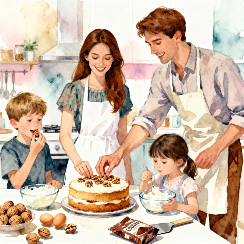 Cozy Family Kitchen Scene in Watercolor