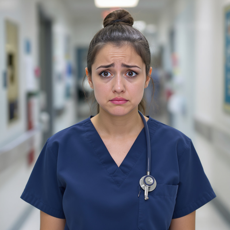 Stressed Female Nurse in Navy Blue Scrubs Stressed Female Nurse in Navy Blue Scrubs