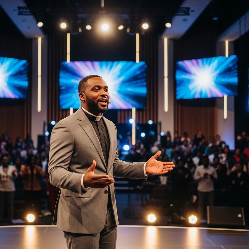 African American Pastor Preaching in Vibrant Church