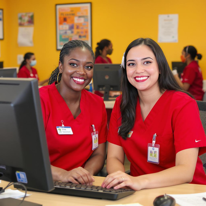 Cheerful Nurses in Red Scrubs at Work Cheerful Nurses in Red Scrubs at Work