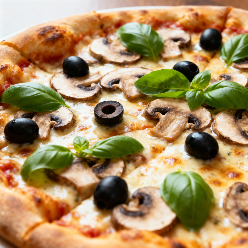 Delicious Mushroom, Olive & Basil Pizza