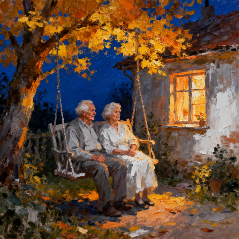 Nostalgic Oil Painting of an Elderly Couple Nostalgic Oil Painting of an Elderly Couple