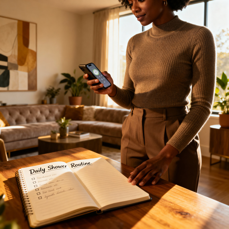 Black Woman Setting Alarm & Journal in Stylish Home